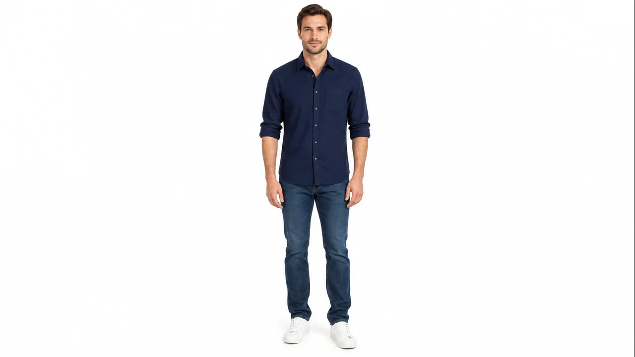 AI-generated fictional adult man in a navy shirt used for the keyboard role