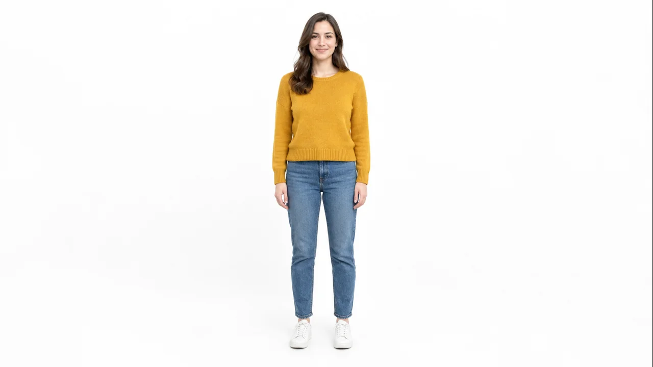 AI-generated fictional adult woman in a mustard sweater used for the hype role