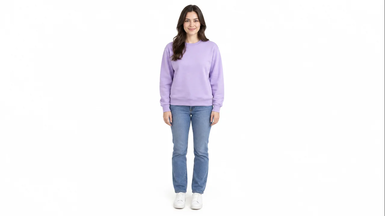 AI-generated fictional adult woman in a lilac sweatshirt used as the character reference