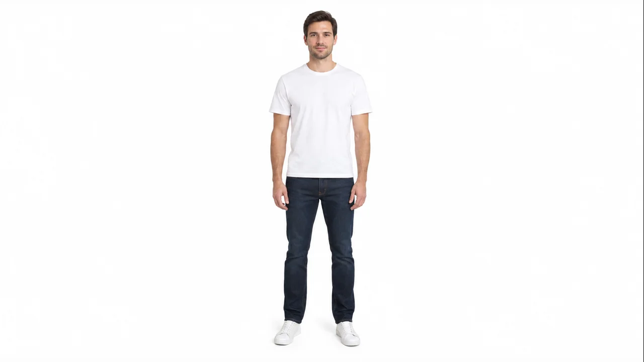 AI-generated fictional adult man in a white T-shirt, used for the party lead