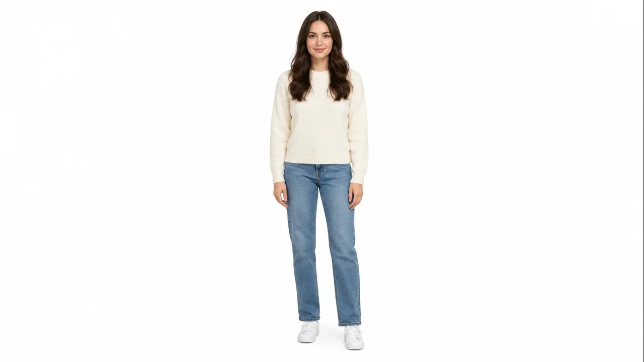 AI-generated fictional adult woman with long brown hair in a cream sweater and jeans, source identity photo