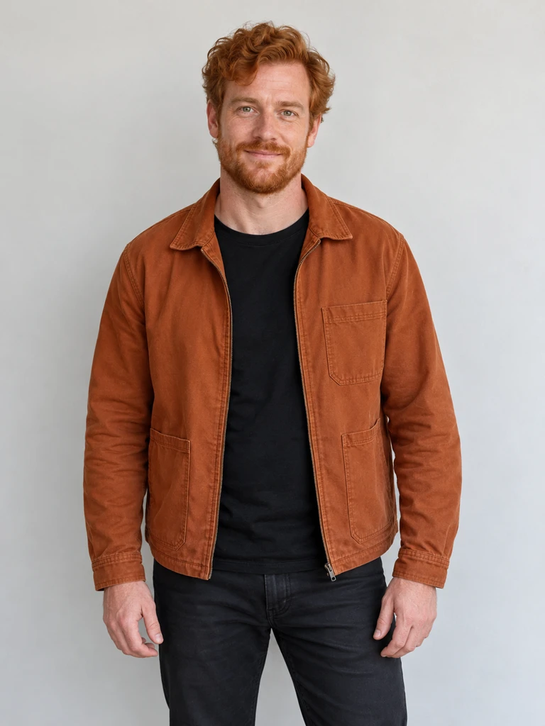 Codex-generated fictional adult red-haired man in an orange jacket, pursuer identity photo
