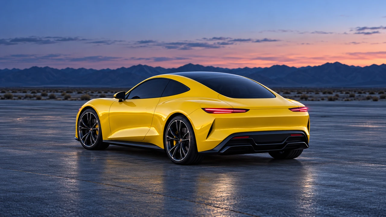 Original AI-generated racing-yellow coupe on an empty desert test track at blue hour, used as the vehicle reference