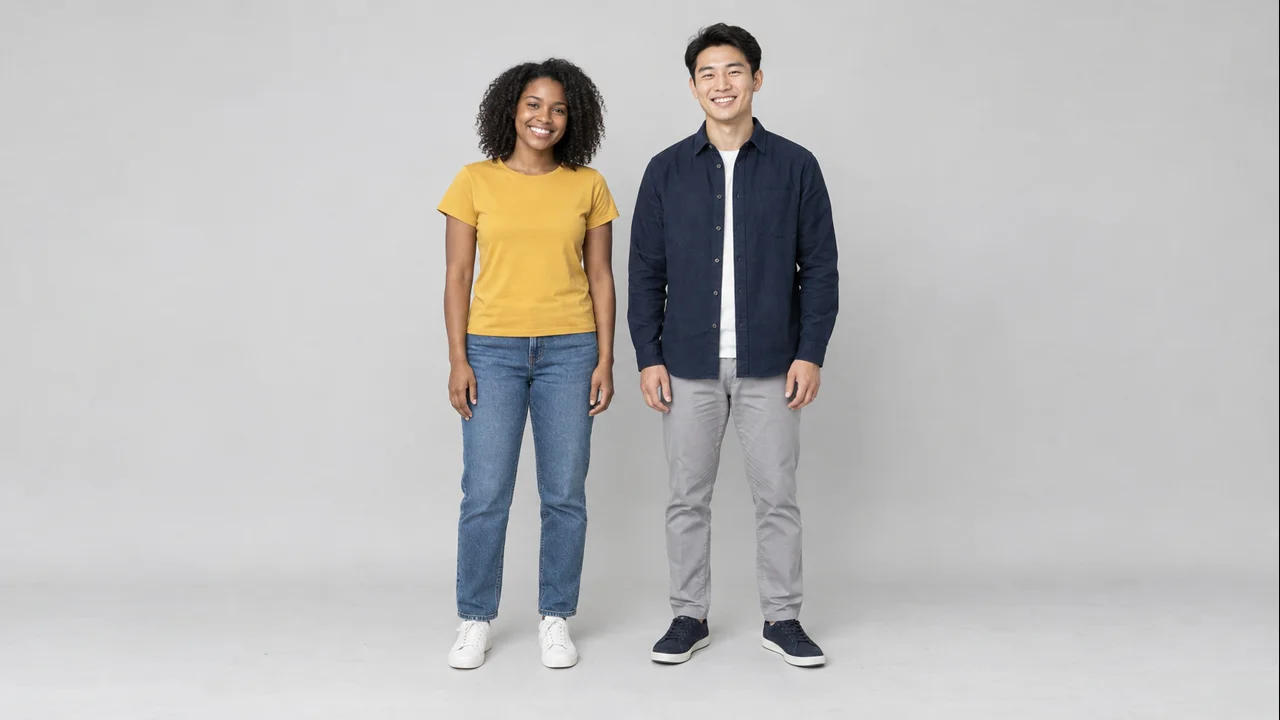 AI-generated full-body starting photo of two fictional adult friends against a light gray backdrop, a woman in a mustard T-shirt and a man in a navy overshirt