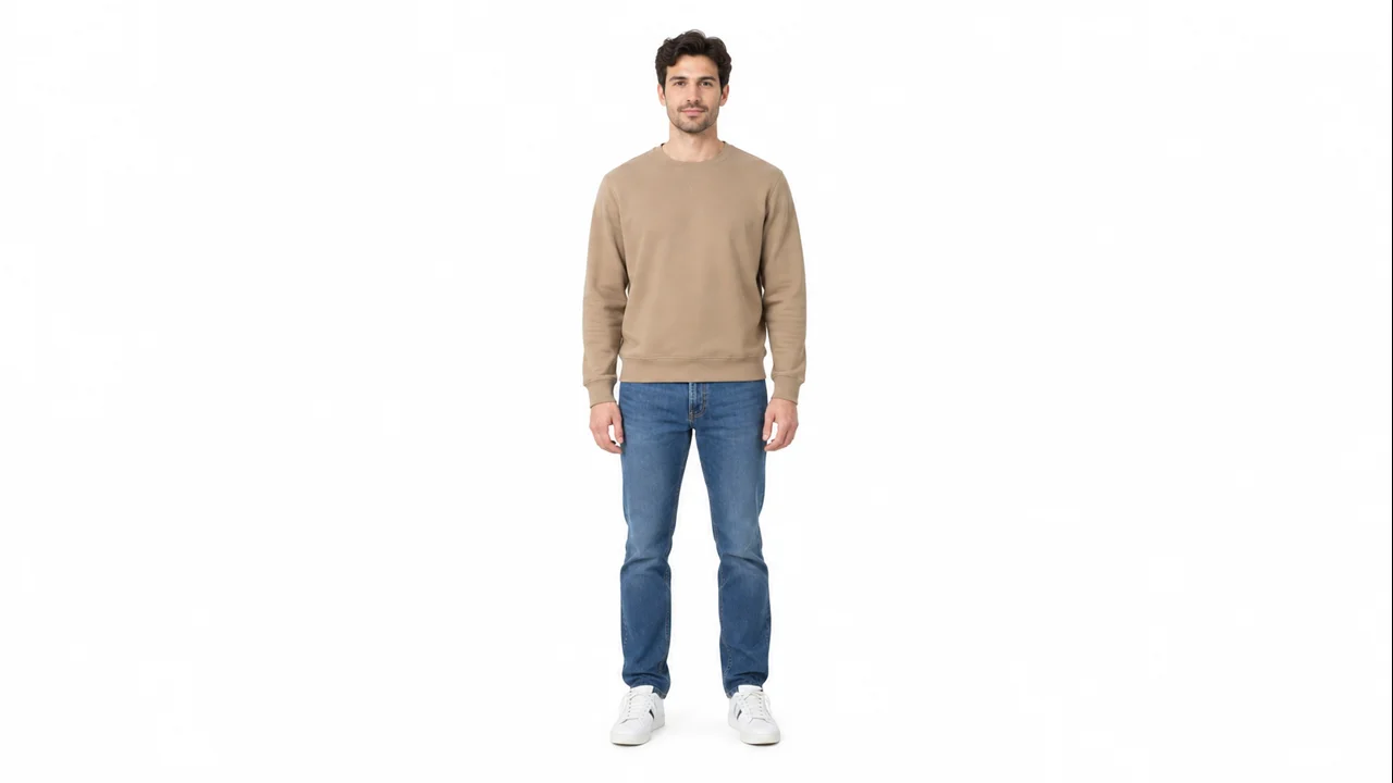 AI-generated fictional adult man in a tan sweatshirt, reference for the left ukulele player