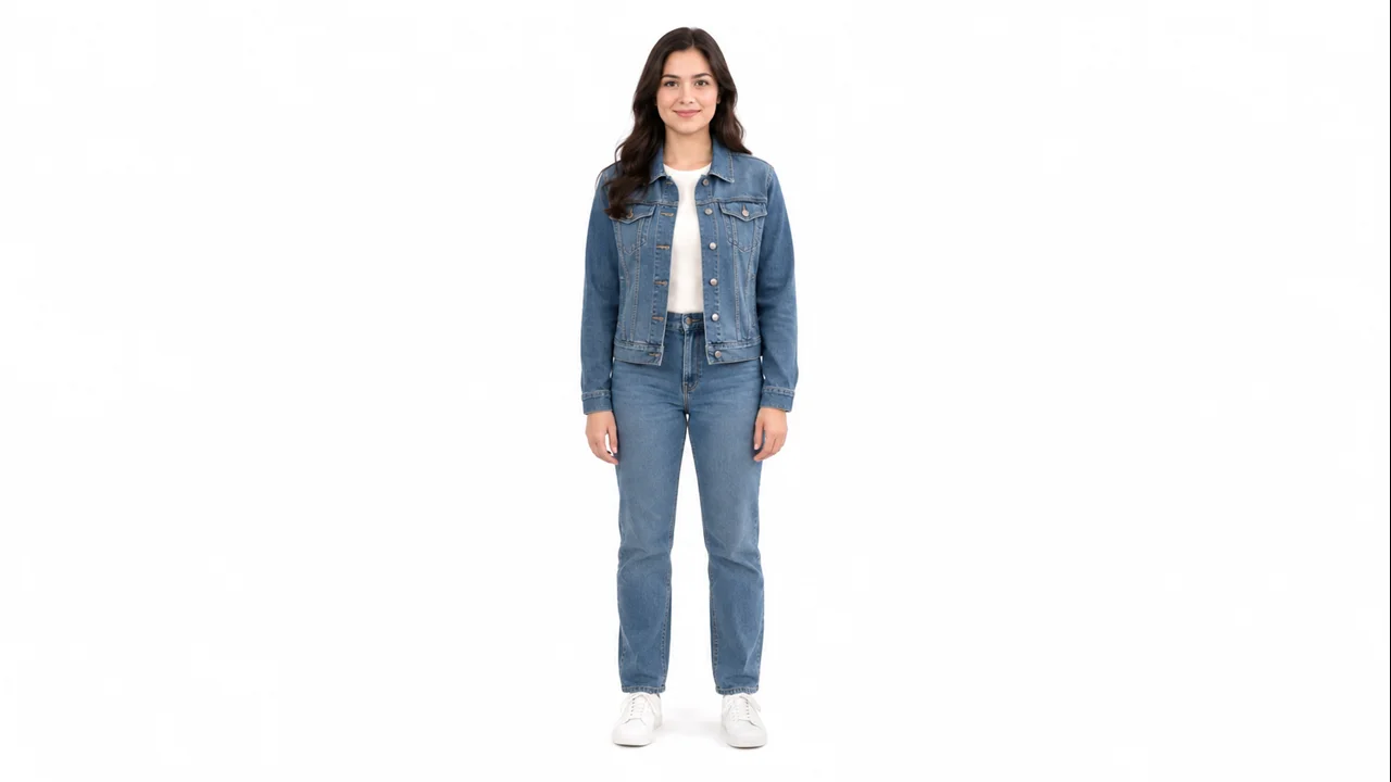 AI-generated fictional adult woman in denim, reference for the right singer