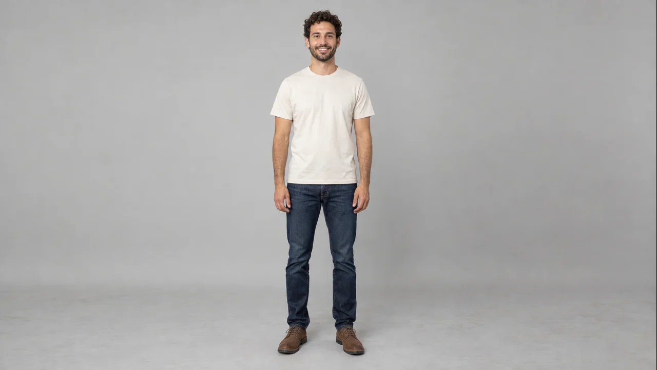AI-generated full-body starting photo of a fictional adult man with short curly brown hair and a beard, wearing a cream T-shirt and dark jeans against a gray backdrop