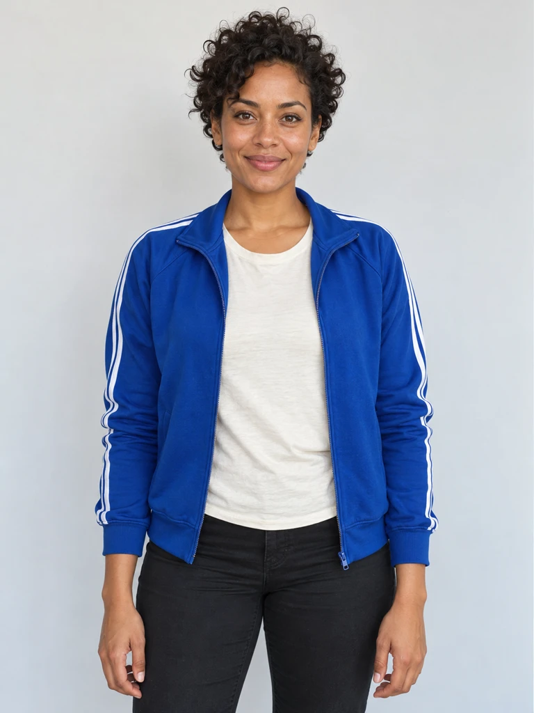 Original fictional adult woman with short curly dark hair and a blue track jacket, used as the Tiny Desk lead identity