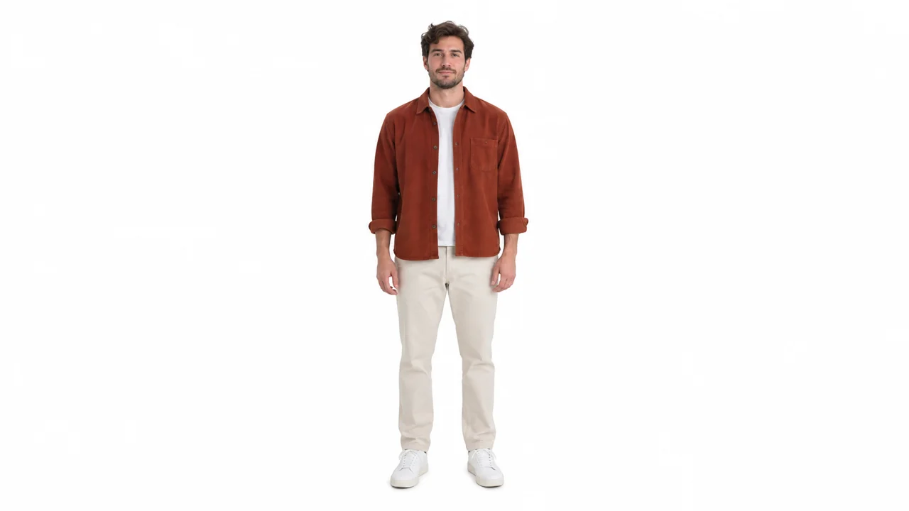 Fictional adult man in a rust overshirt and cream trousers, full-body starting photo