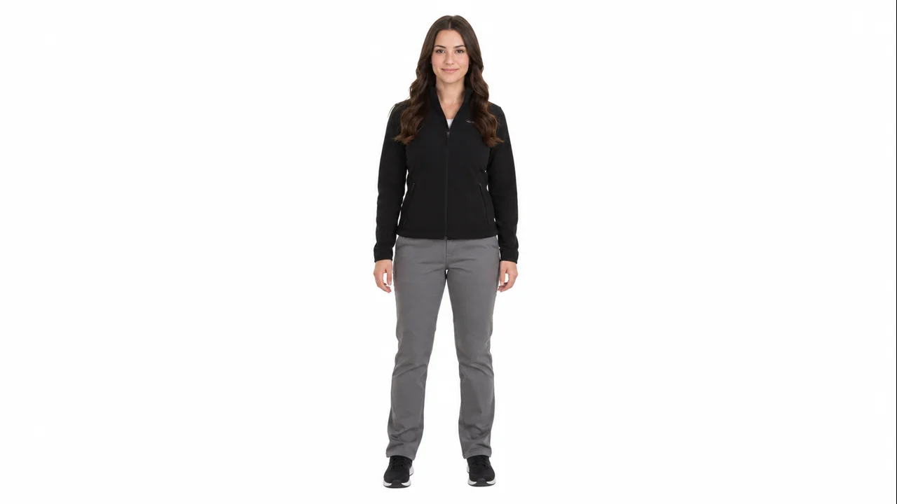Fictional adult woman in a black jacket and gray trousers, full-body starting photo